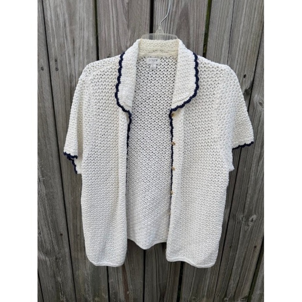 Coastal Nautical J.Crew Cardigan L White Scalloped Trim Knit Sweater